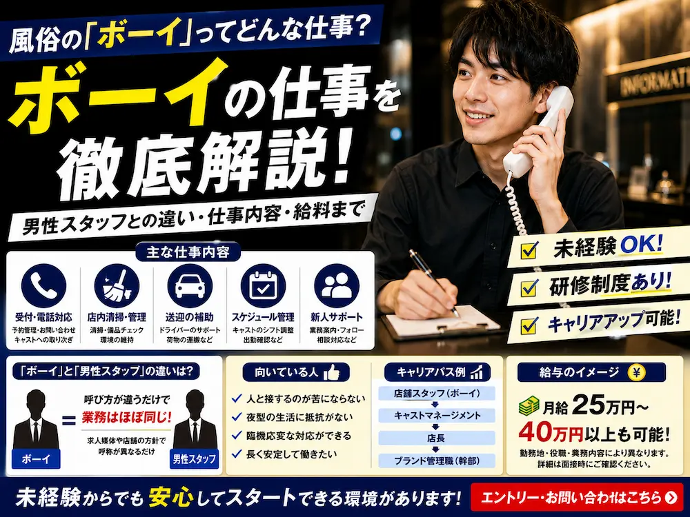 風俗の「ボーイ」ってどんな仕事？男性スタッフとの違い・仕事内容・給料を徹底解説