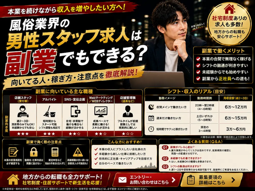 風俗業界の男子スタッフ求人、副業でもできる？向いてる人・稼ぎ方・注意点を徹底解説